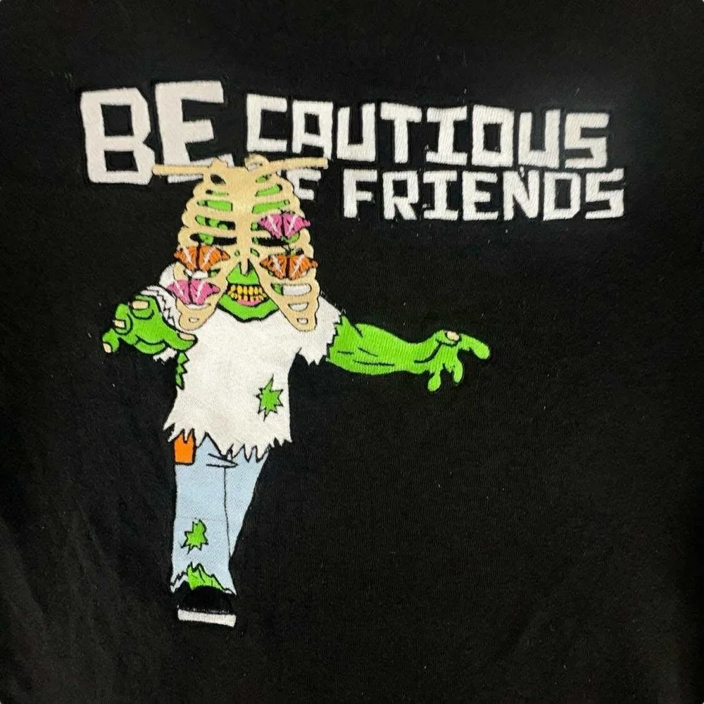 Y2K Be Cautious of Friends Hoodie Pullover Black Graphic Print Lightning Bolt XS